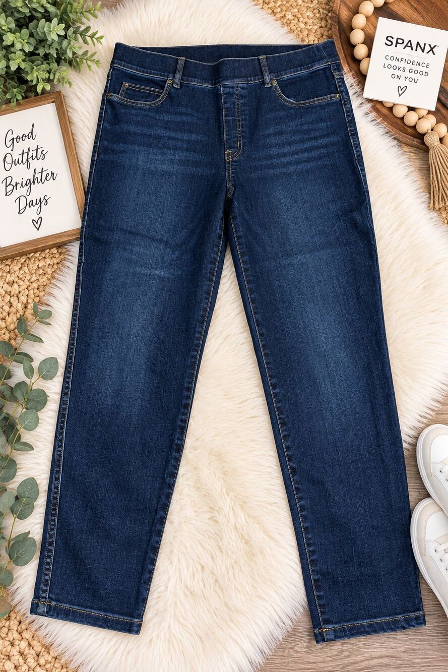 SPANX Women’s XL Petite Dark Wash Pull-On Straight Leg Jeans Stretch Denim